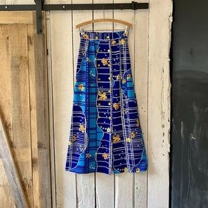 Vintage 70s Blue White Geo Floral Straight Pencil Maxi Button Down Skirt size M